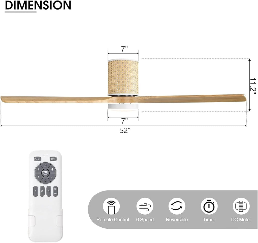 LEDLUX 52' Ceiling Fan with Light - Low Profile Flush Mount Ceiling Fan, 6-Speed Remote Control, Solid Wood, Quiet Reversible DC Motor, Wood/White Finish, for Bedroom, Living Room, Porch