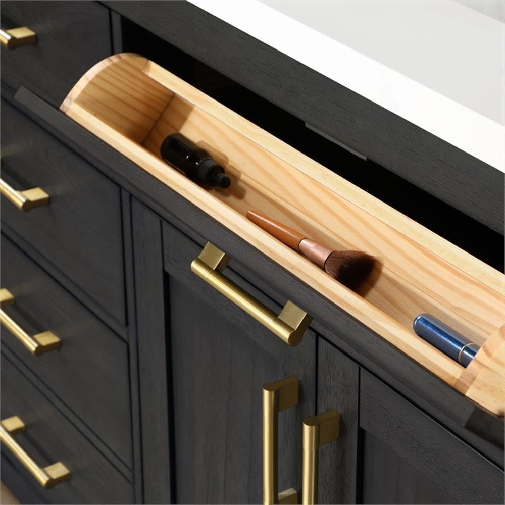 Pemberly Row 72' Double Bathroom Vanity, Matte Black Wood Finish, White Quartz Countertop with 2 Undermount Sinks, Soft-Close Storage, Shaker Style, Power Bar, Master or Guest Bathroom Use