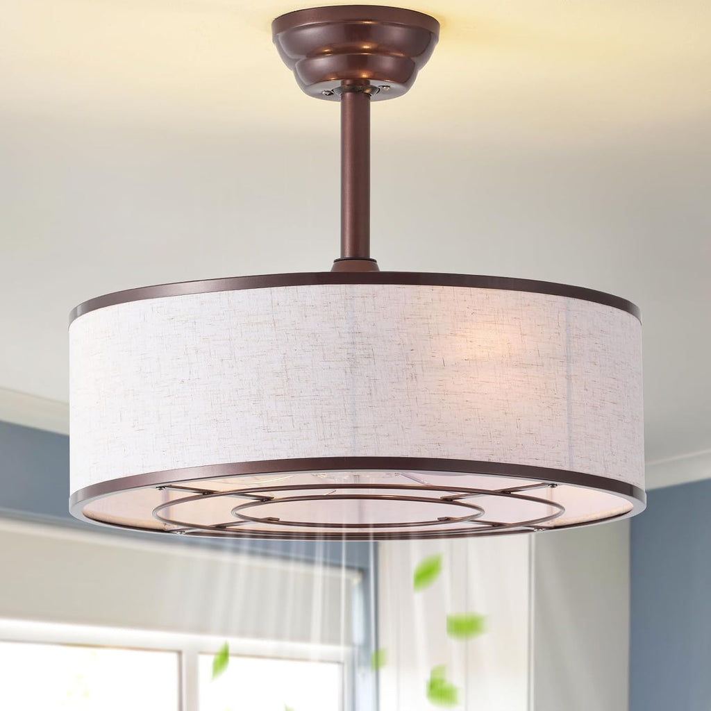 20' Brown Caged Boho Fandelier Ceiling Fan with Light & Remote Control - Bladeless Chandelier Fan, 6 Speed Quiet Reversible Motor for Bedroom, Nursery, Living Room