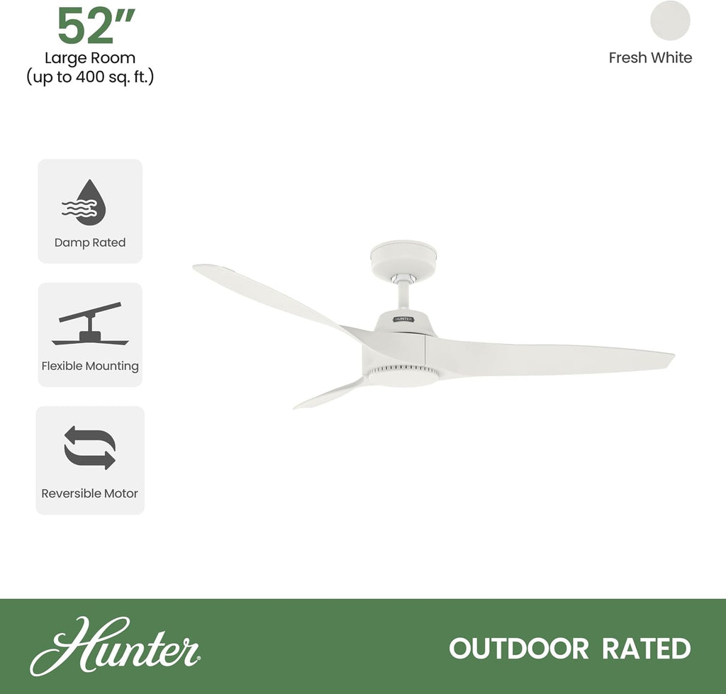 Hunter Fan 52 inch Ceiling Fan with No Light, Outdoor or Indoor White Ceiling Fan with 3 Blades for Porch, Living Room, Office, Kitchen, Garage (Renewed)