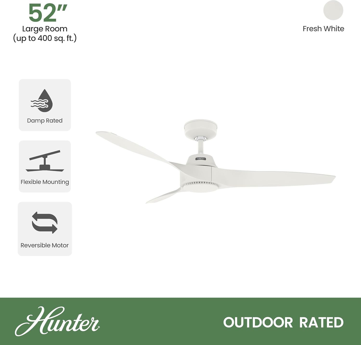 Hunter Fan 52 inch Ceiling Fan with No Light, Outdoor or Indoor White Ceiling Fan with 3 Blades for Porch, Living Room, Office, Kitchen, Garage (Renewed)