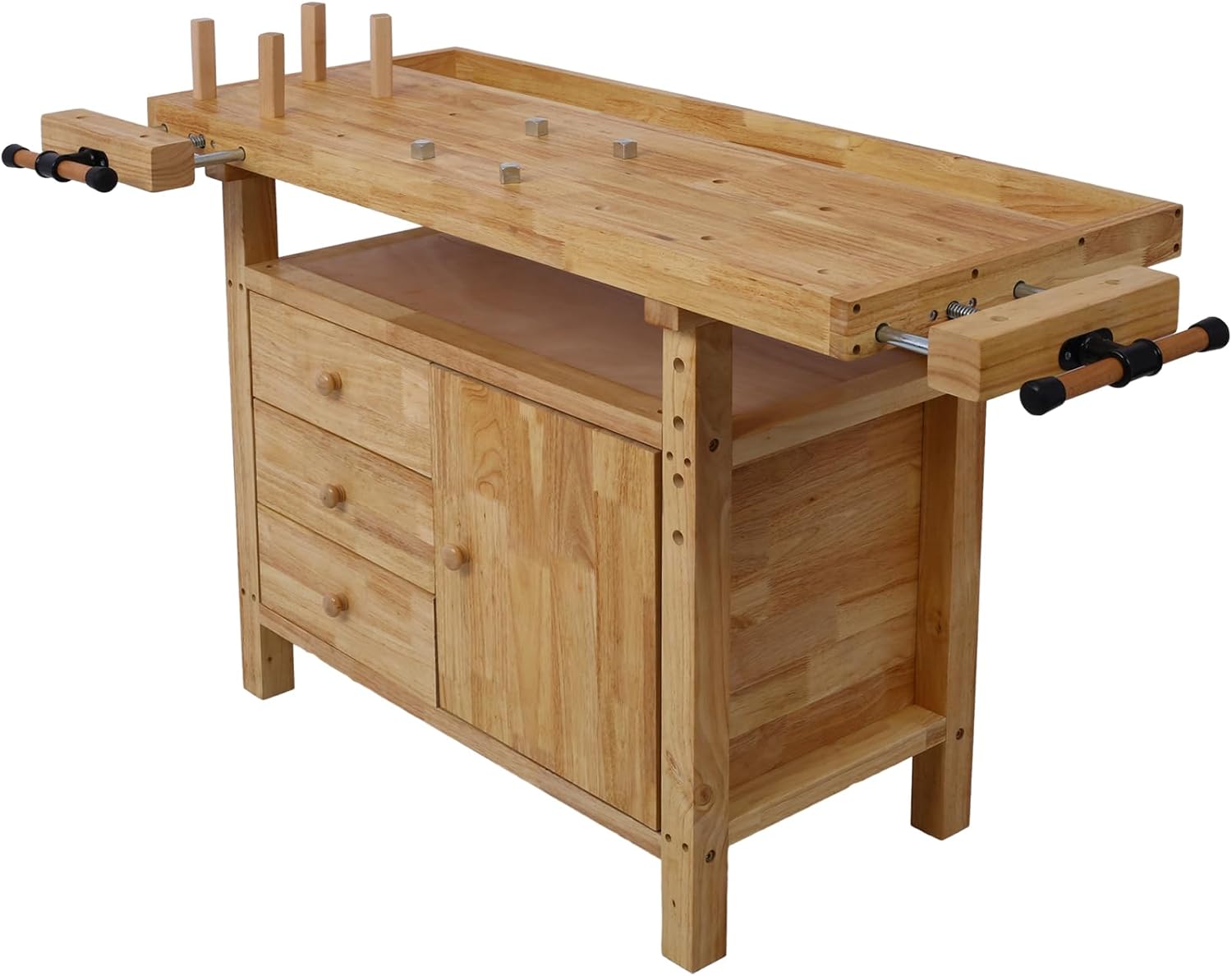 Tidyard Wood Workbench, Heavy-Duty Rubberwood Work Table with 4 Bar Clamps 12 inch x 4-3/4 inch Throat, Sturdy Wooden Garage Workbench with Drawers and Cabinet for Workshop, DIY, and Home Use