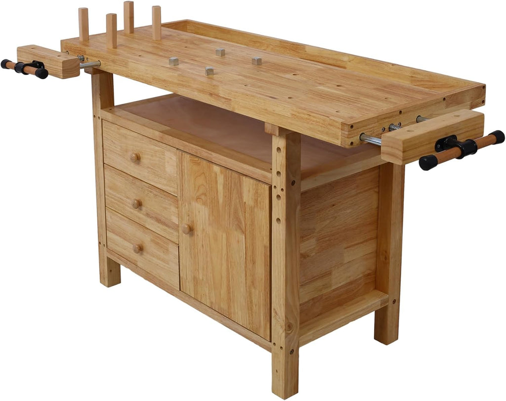 Tidyard Wooden Workbench, Heavy-Duty Rubberwood Work Table with Bar Clamps Set 12 inch and 16 inch, Four Metal Pillars, Drawers and Cabinet Storage for Garage Workshop Home DIY Projects
