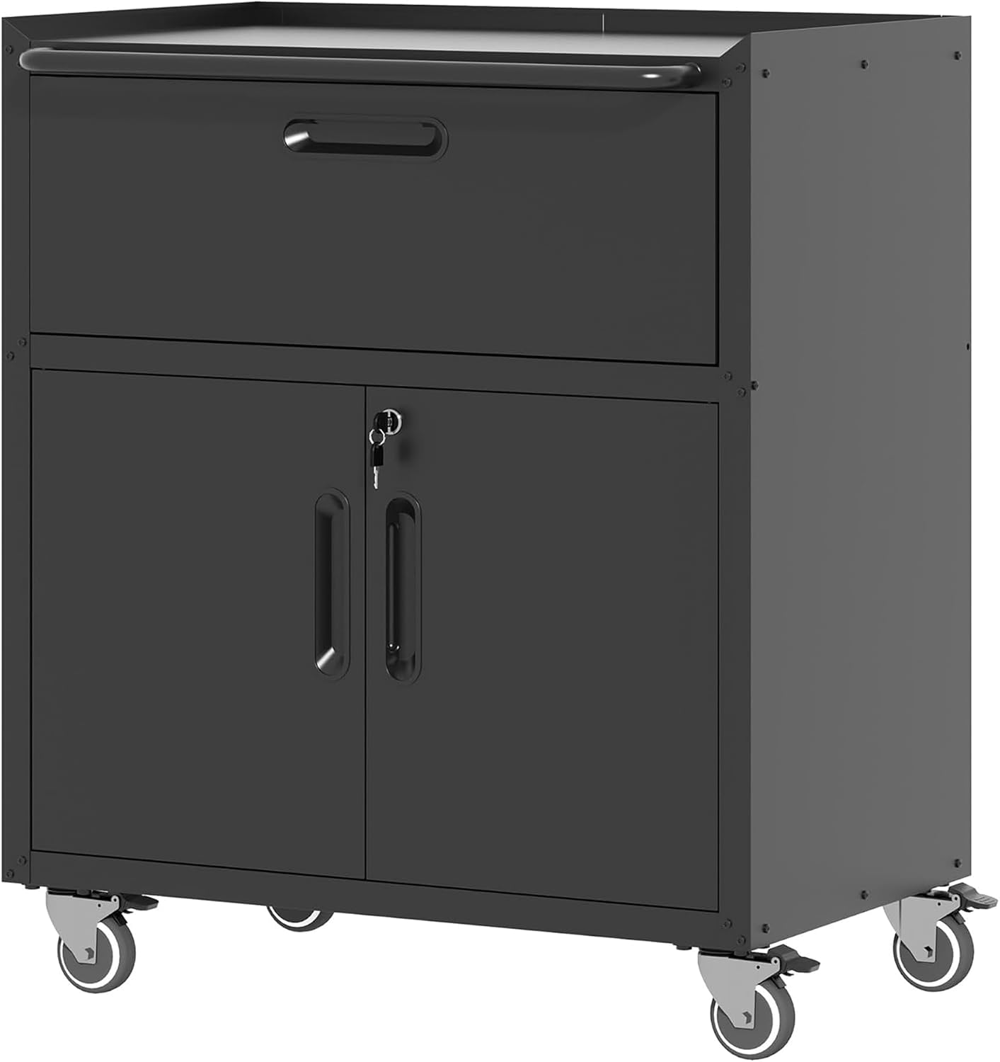Metal Garage Storage Cabinet on Wheels, Lockable Rolling Tool Cabinet with Drawer and Shelves, Heavy Duty Mobile Steel Cabinet for Garage Warehouse Workshop