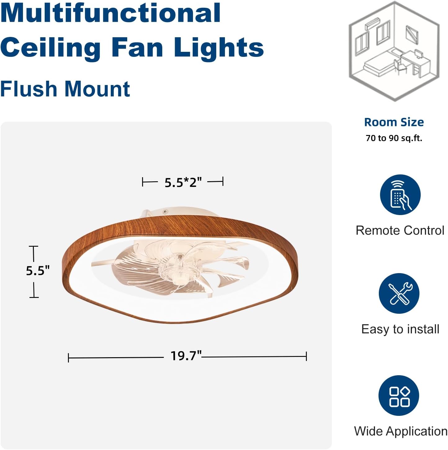 19.7' Modern Ceiling Fans with Lights and Remote, Dimmable Low Profile Ceiling Fan, Farmhouse Smart Bladeless Fandelier Flush Mount Ceiling Fan for Bedroom Dining Room