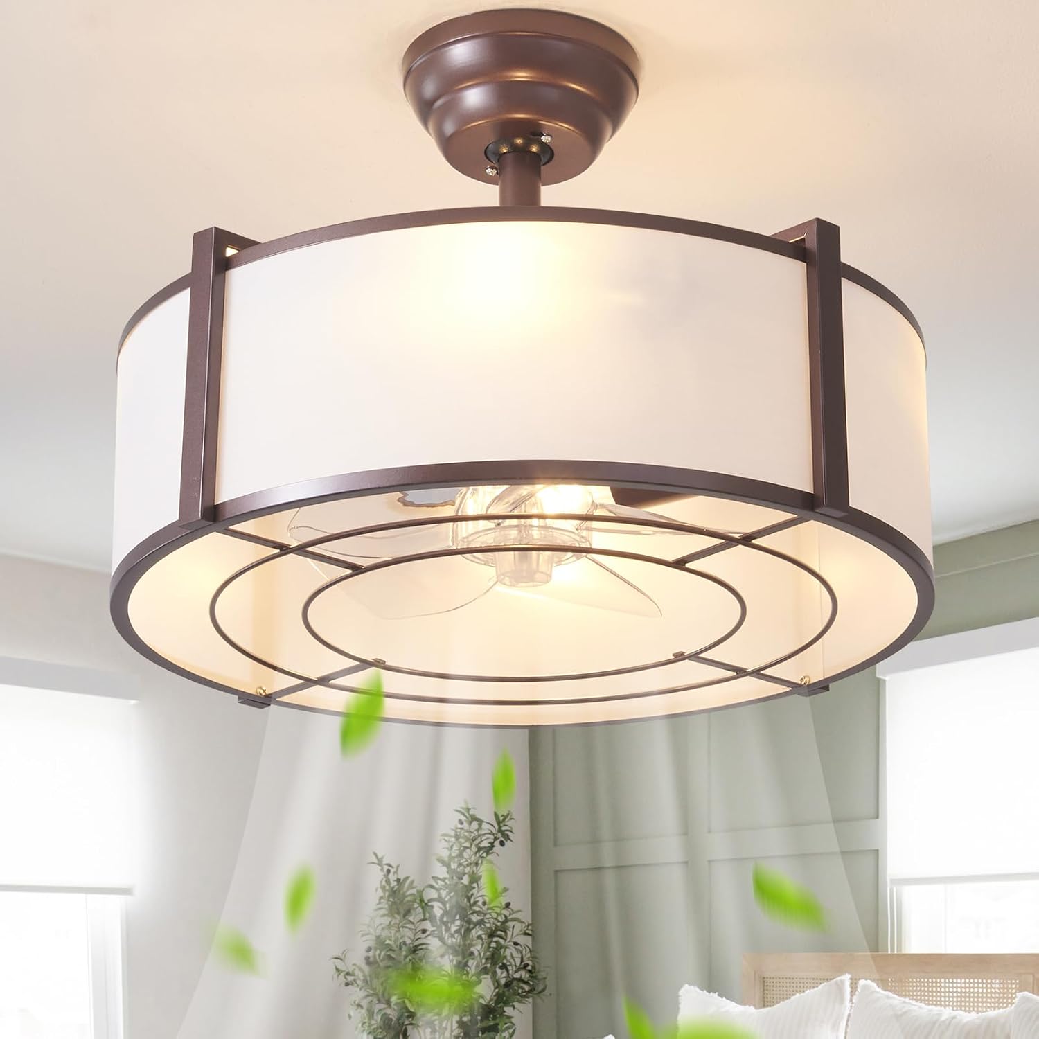 20' Brown Fandelier Ceiling Fans with Lights, Boho Rattan Ceiling Fan with Light Remote Control, Caged Mid-Century Modern with 6 Speeds for Bedroom, Nursery, Living Room