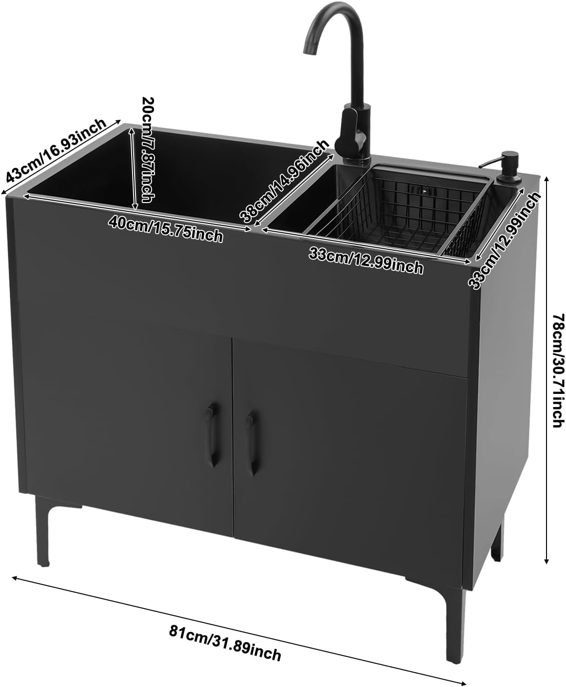 Laundry Sink Cabinet with Stainless Steel Sink and Cold & Hot Faucet, Utility Sink for Laundry/Utility Room, 32 Inch Double Bowl for Bathroom Kitchen and Outdoor, Black