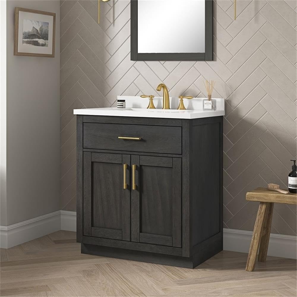 Pemberly Row 30' Bathroom Vanity, Matte Black Wood Frame, White Countertop with Undermount Ceramic Sink, Freestanding Design, Tilt-Down Drawer, Soft-Close Cabinets, Ideal for Half-Baths or En-Suites