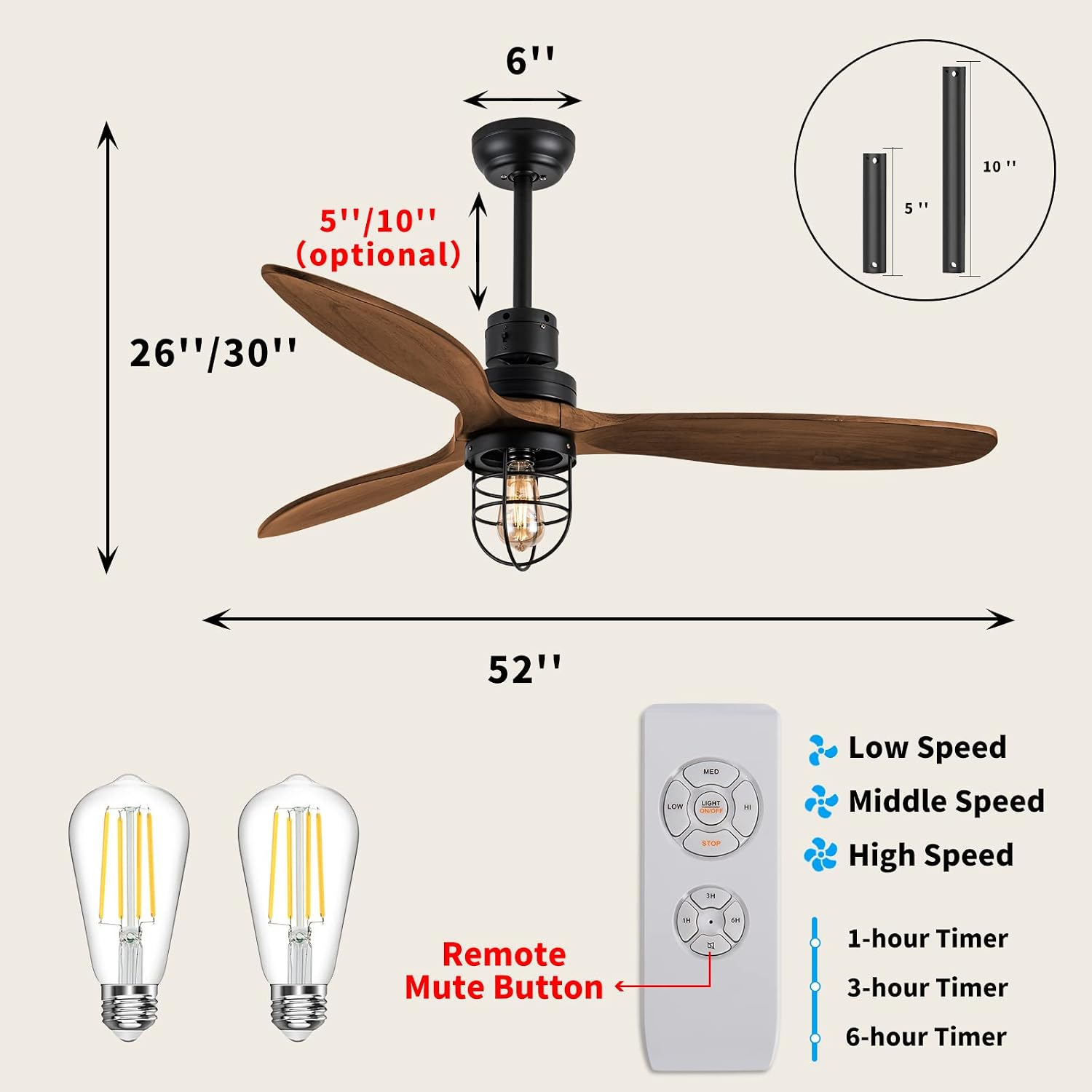 WWM 52 in Farmhouse Outdoor Ceiling Fan with Light, Modern Bedroom Fans with Remote, 3 Wood Blades Industrial Outdoor Ceiling Fans for Patios with Reversible Motor
