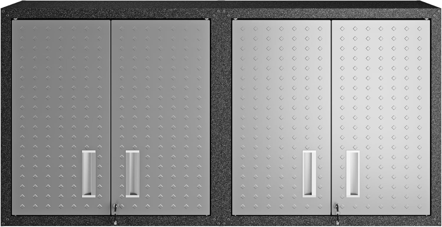 Manhattan Comfort Fortress 30' Floating Garage Storage Cabinet Set of 2, Lockable, Adjustable Shelves, Recessed Handles, Steel Wall Mounted Utility Cabinet for Workshop, Garage, Basement in Grey/Black