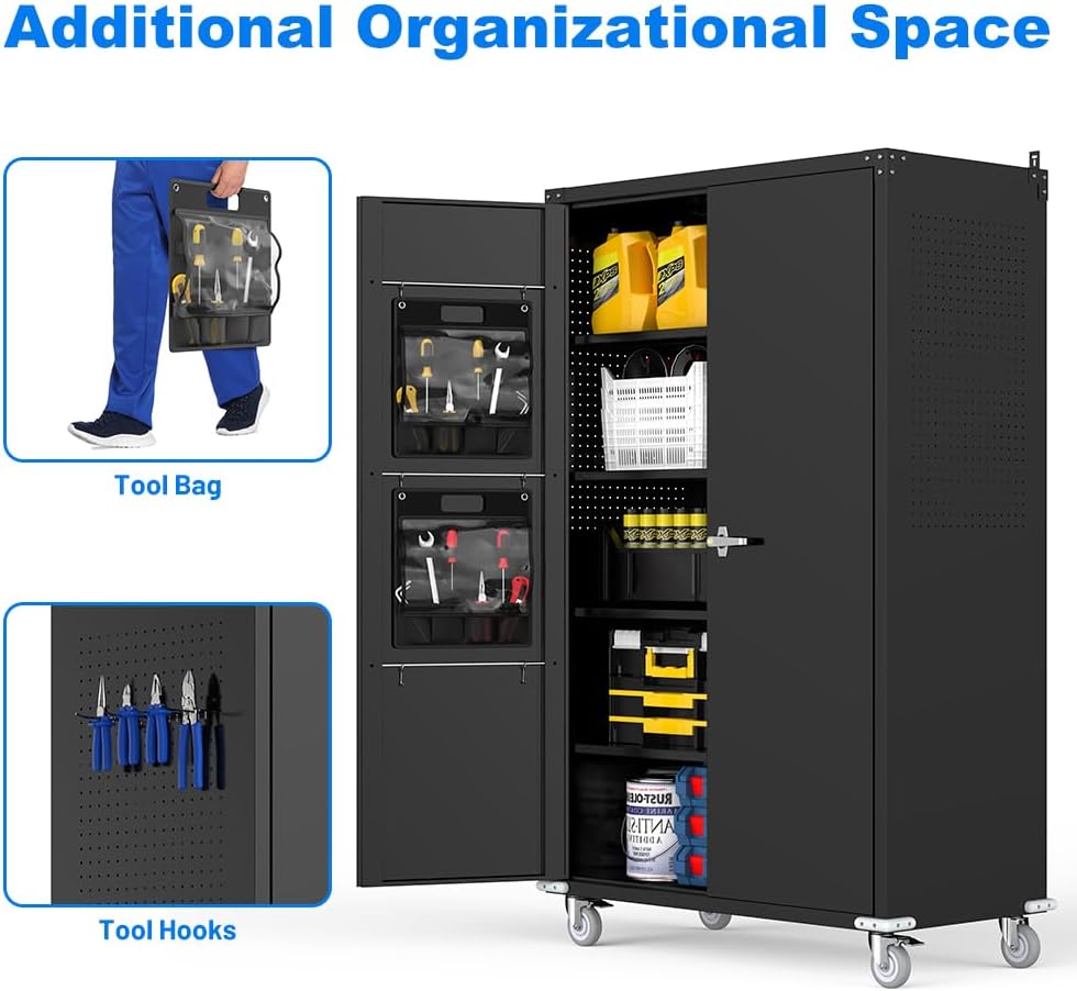 Yeeoy Wide & Deep Metal Garage Storage Cabinet with Pegboard & Adjustable Shelves, Lockable Storage Cabinet with Wheels, Tool Organization Cabinets for Office Garage Shop, 43''W x 22''D x 72''H, Black