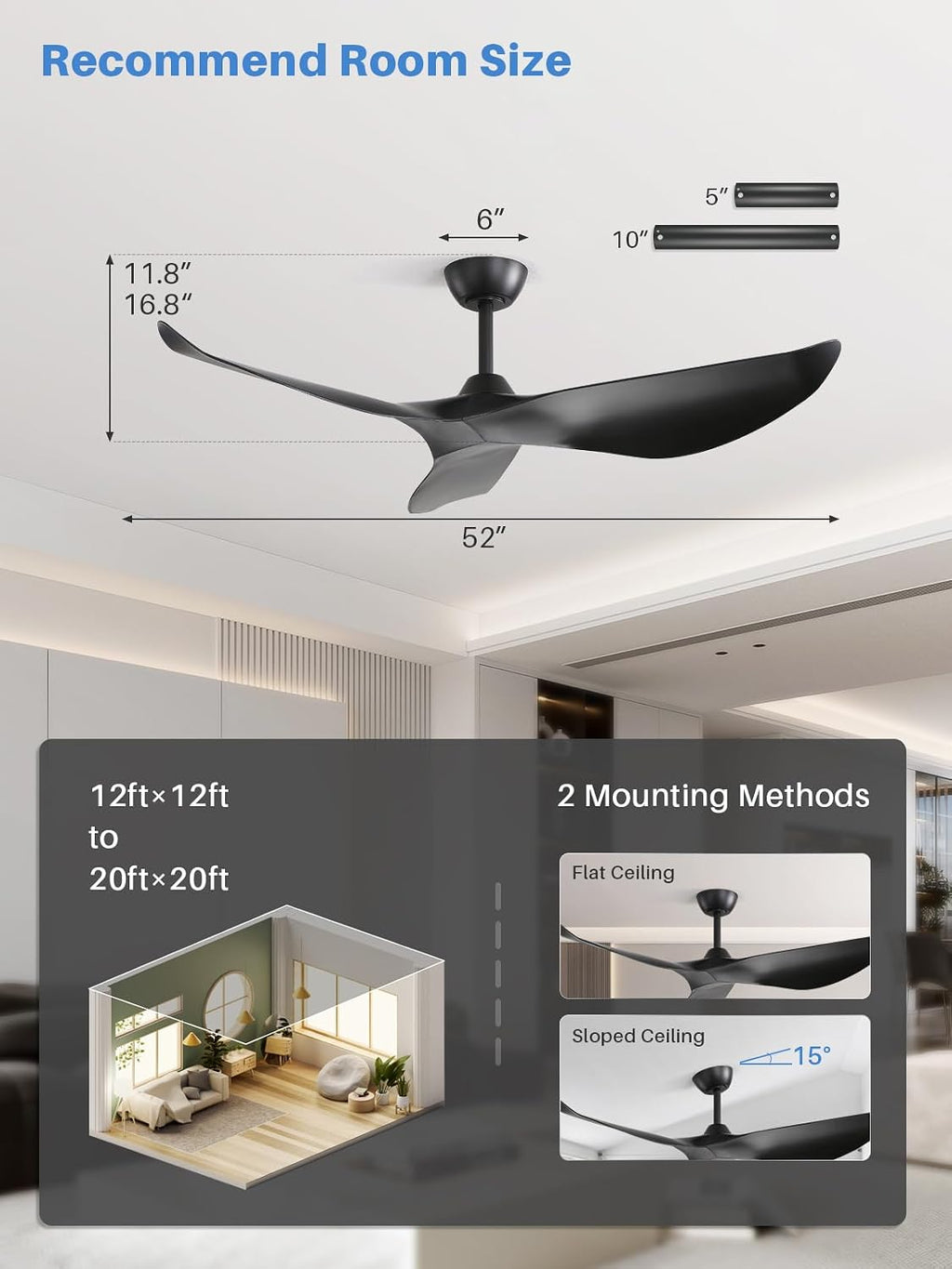 Sofucor 52 Inch Black Ceiling Fan No Light, Modern Ceiling Fan with Remote Control, Quiet Reversible DC Motor, 6-Speed Noiseless Indoor Ceiling Fan for Bedroom Living Room Covered Patio Porch