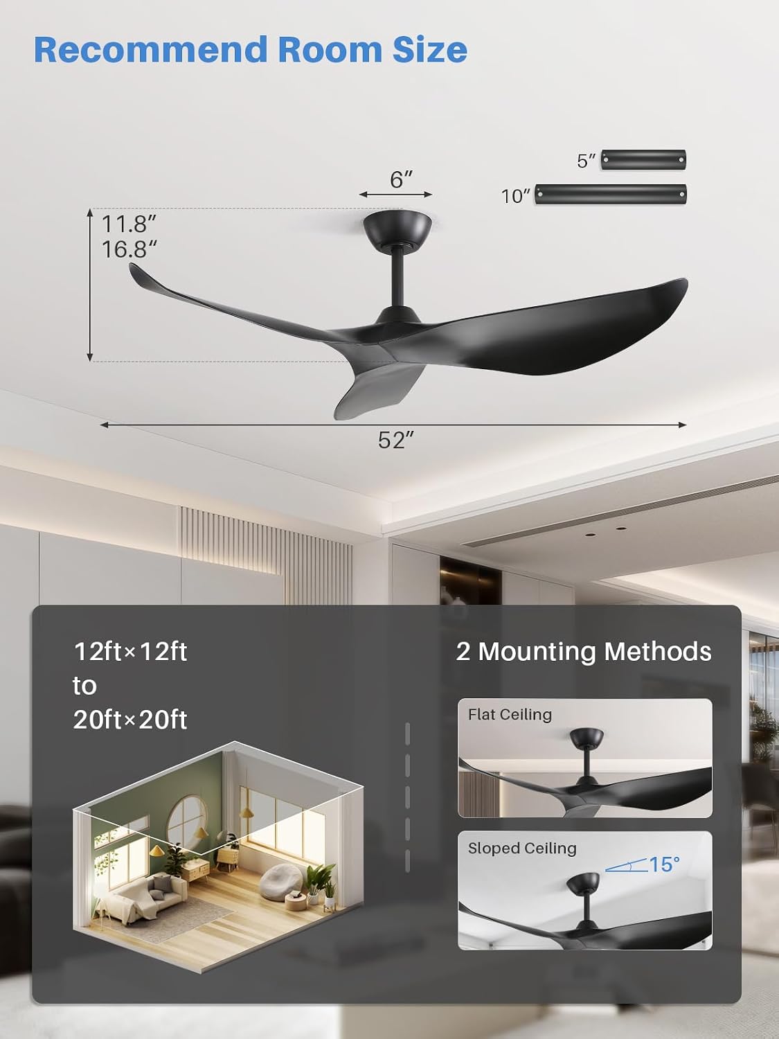 Sofucor 52 Inch Smart Ceiling Fan No Light, Modern Black Ceiling Fan with Remote Control, Reversible DC Motor, 6-Speed Noiseless Indoor Ceiling Fan for Bedroom Living Room Covered Patio Porch