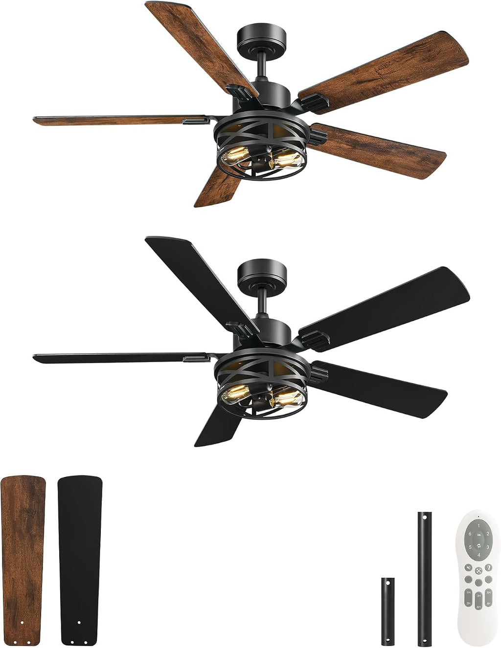 2 PACK 52 Inch Farmhouse Ceiling Fans with Lights and Remote, Timer, Dual Finish 5 Blades (Walnut and Black), 6 Speeds, Reversible DC Motor, Rustic & Industrial Caged Ceiling Fan FB01CFP205