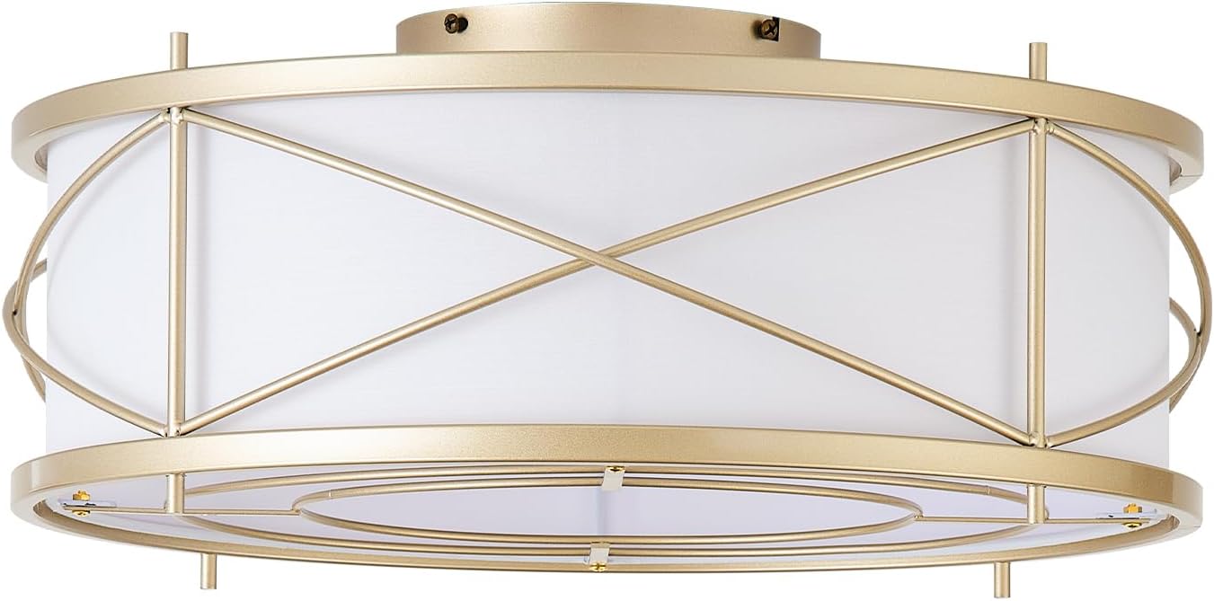 Gold Flush Mount Boho Ceiling Fan with Lights, 20' Caged Rattan Ceiling Fans with Light and Remote, Enclosed with 6 Speeds for Living Room, Bedroom, Nursery