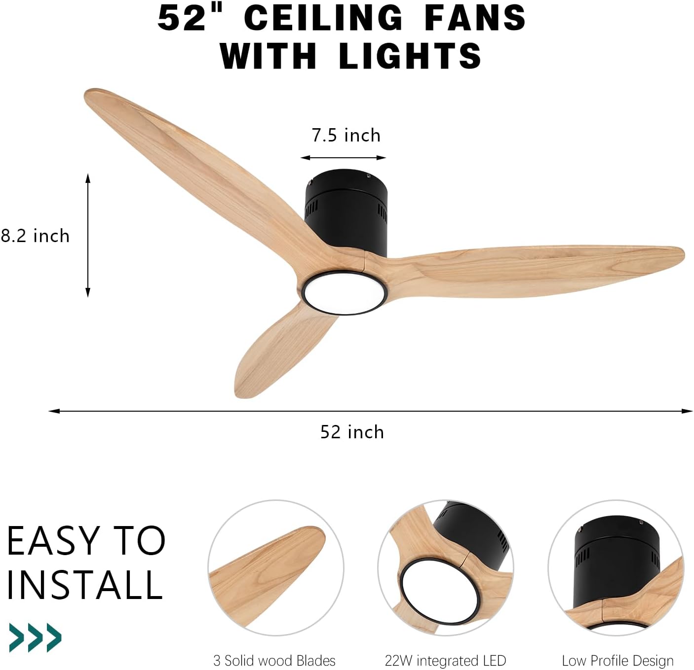 Wood Flush Mount Ceiling Fan with Light,52 inch Low Profile Modern Ceiling Fans for Outdoor/Patios/Bedroom/Office,3 color light,6 Speed,DC Motor,Wood and Modern Matte Black