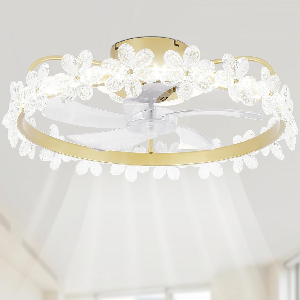Fandelier Ceiling Fan with Light,Dimmable LED,6 Speeds,22'' Gold Ceiling Fan with Lights and Remote Control,Crystal Flower Ceiling Fan Chandelier for Kids Room/Daughter's Room/Girls Bedroom