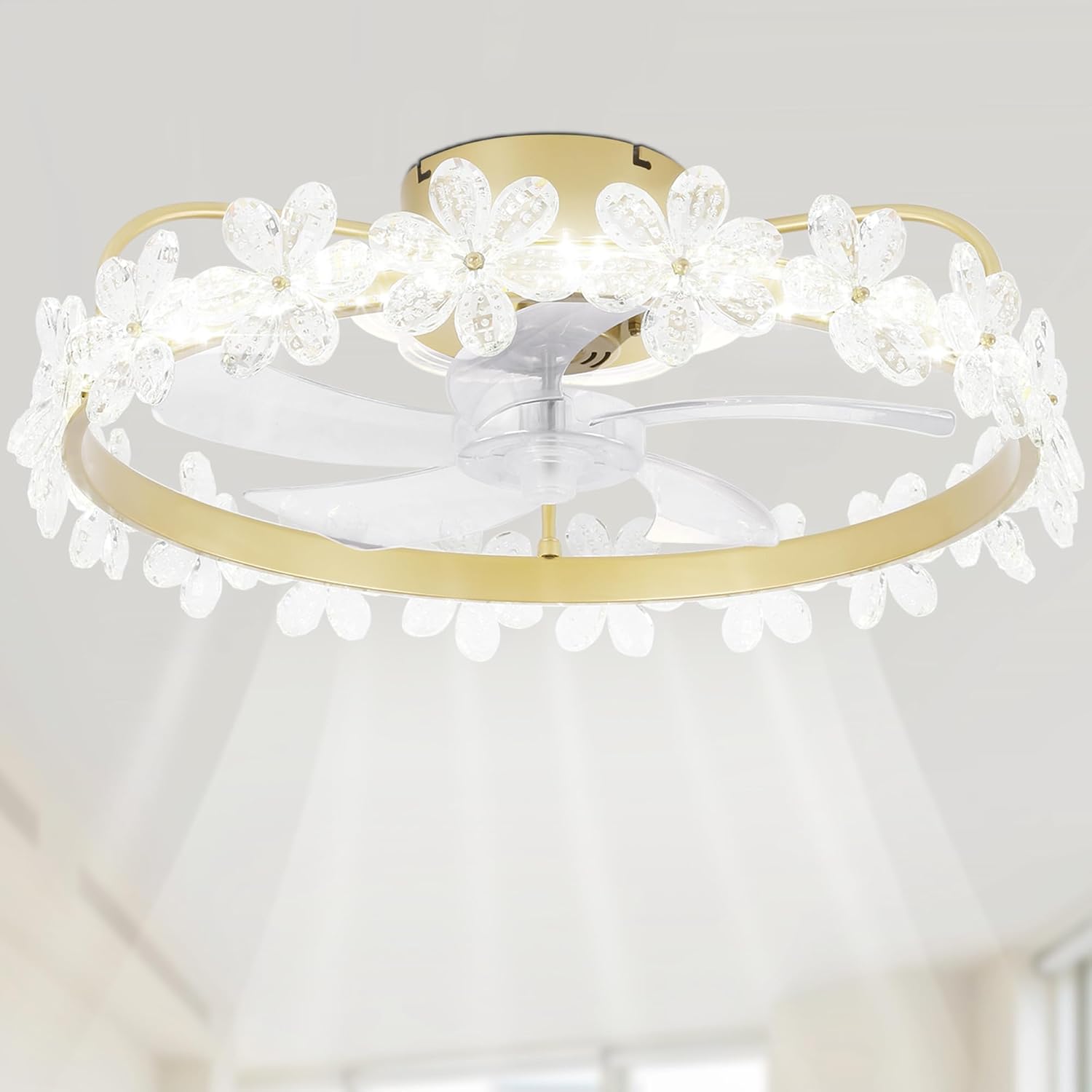 Fandelier Ceiling Fan with Light,Dimmable LED,6 Speeds,22'' Gold Ceiling Fan with Lights and Remote Control,Crystal Flower Ceiling Fan Chandelier for Kids Room/Daughter's Room/Girls Bedroom
