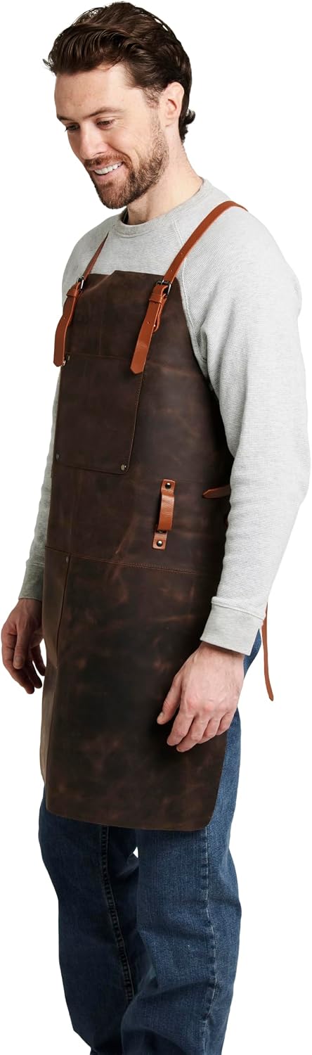 Theodore Premium Top Grain Leather Apron with Cross‑Back for Men & Women – 32.5″ × 24.5″ Heavy‑Duty BBQ, Cooking, Woodworking Apron with Two Large Tool Pockets
