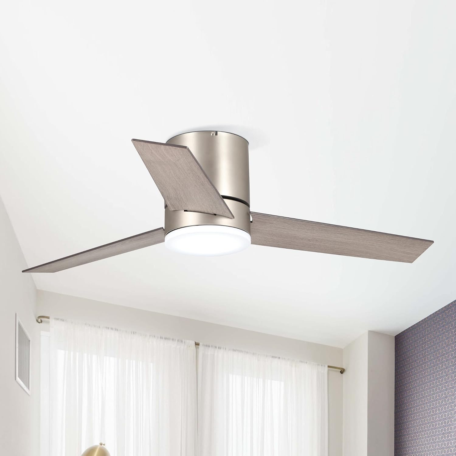 Low Profile Ceiling Fans with Lights and Remote, 48 Inch Bedroom Ceiling Fans Flush Mount, Indoor/Outdoor Fans for Patios, Reversible 3 Blades, Noiseless, Color Temp Adjusted, DOE ETL Tested (Nickel)