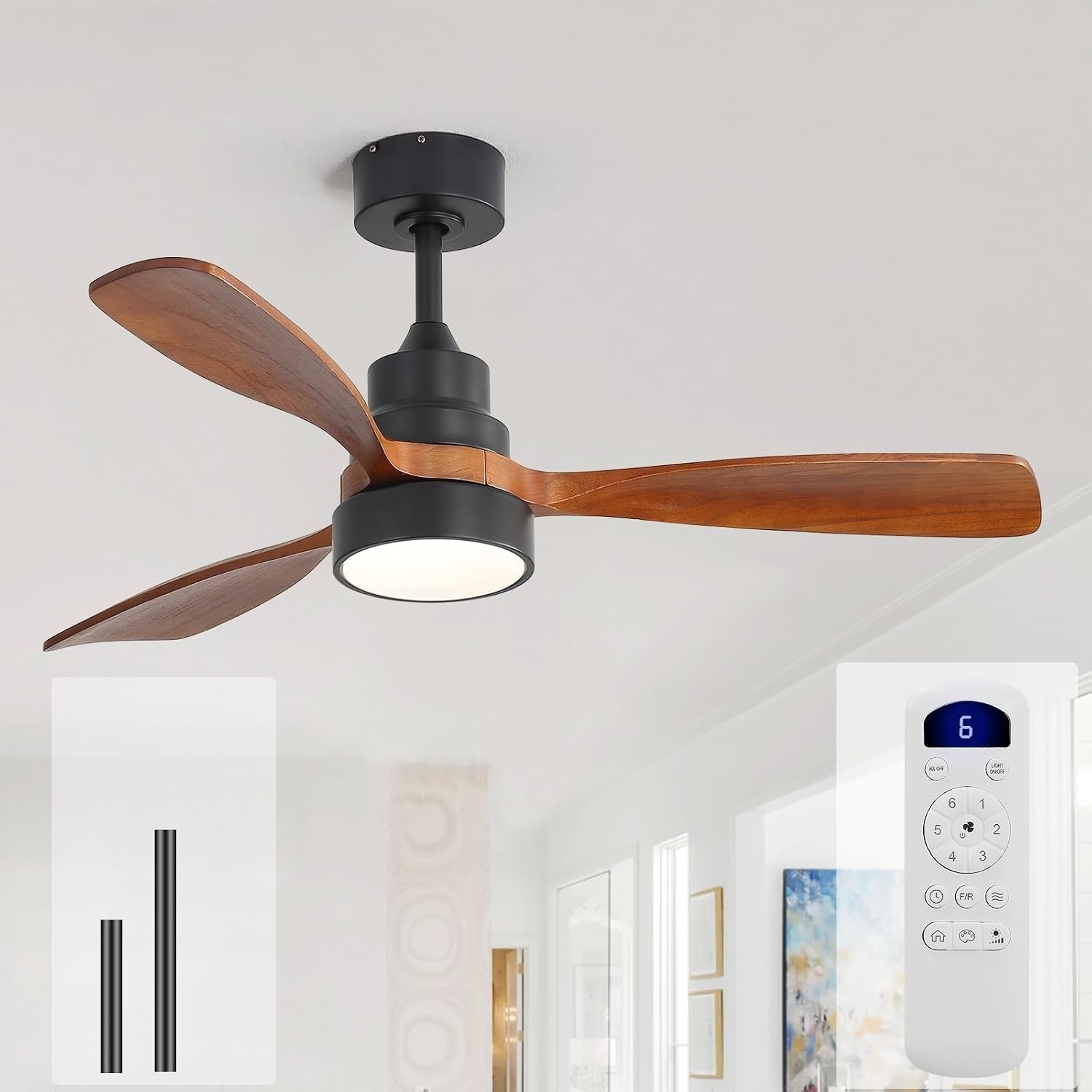 Sofucor 48 Inch Ceiling Fans with Lights and Remote Control-Modern Flush Mount & Downrod Mount Ceiling Fan for Bedroom Living Room Indoor Outdoor Farmhouse Patio, Timer Quiet DC Motor, Black&Walnut