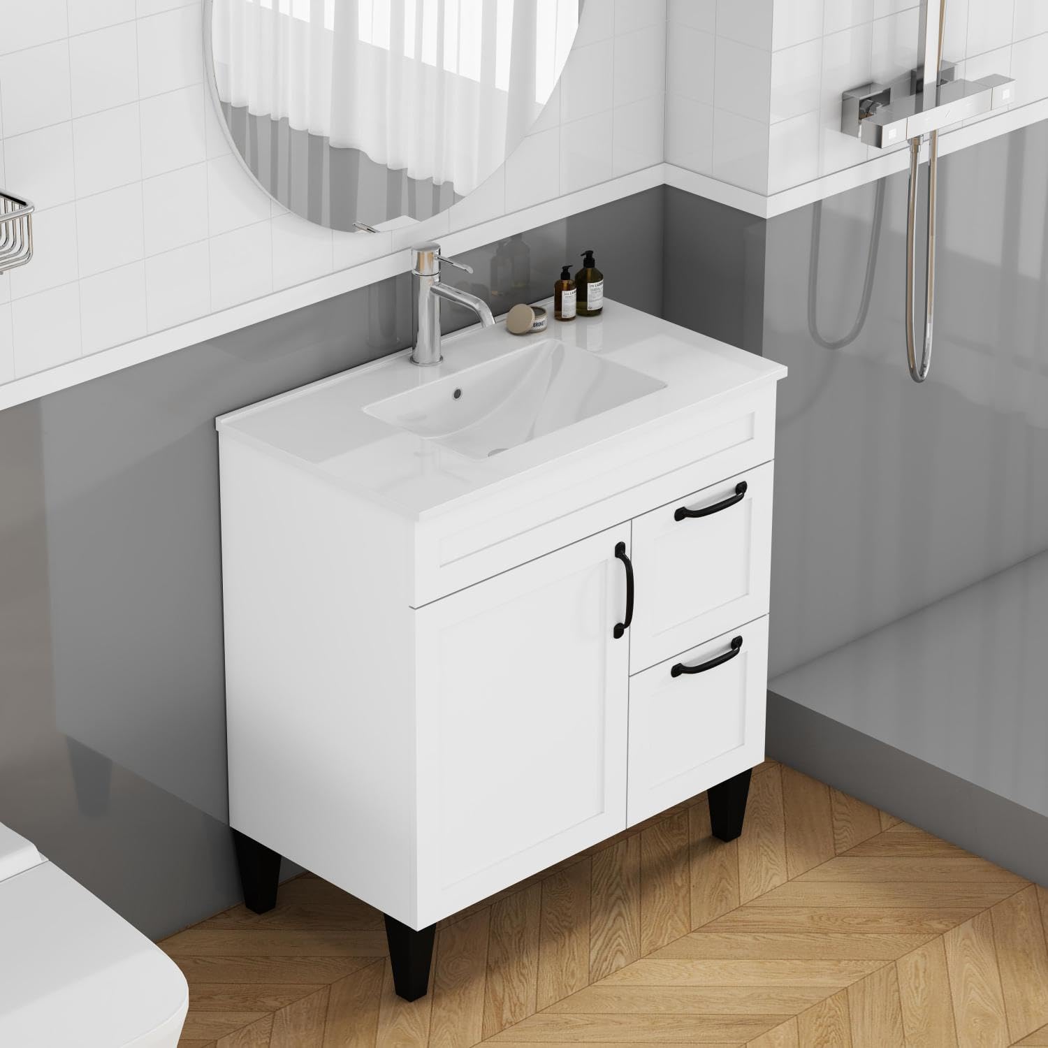 31.5-inch Bathroom Vanity with Sink Combo White Ceramic Basin Medium Bathrooms, Family Powder Rooms, En Suites Modern Upgrade