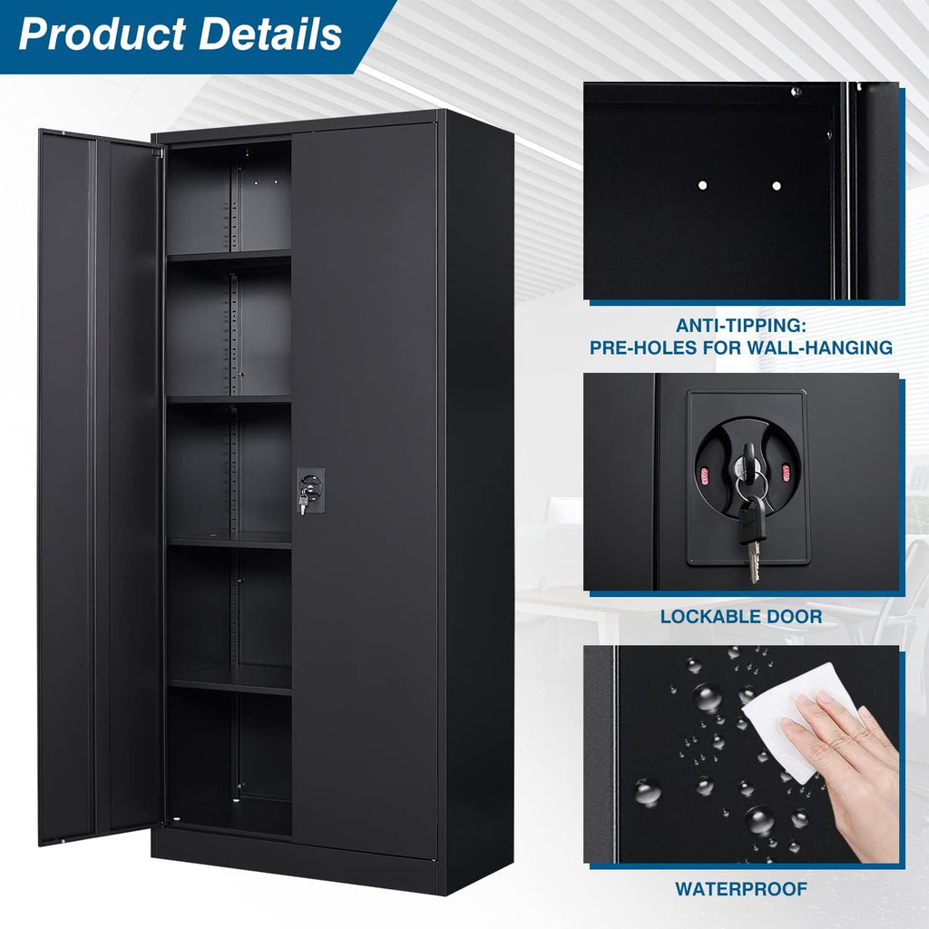 PEUKC Metal Garage Storage Cabinet, 71' Tool Cabinet with 4 Adjustable Shelves, Metal File Cabinets with Lockable Doors for Garage, Home Office, Gym, School, Utility Room (Black, Assemble Required)