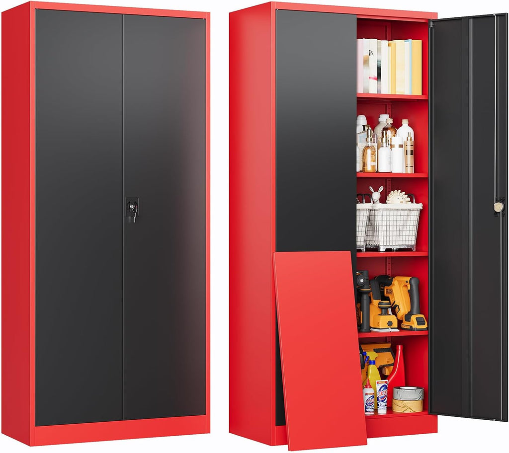 72 Inch Metal Cabinet,Lockable Storage Cabinet with 2 Doors and 4 Adjustbale Shelves,Tall Tool Cabinet Cabinet for Garage,Basement,Home Office,Gym(Red & Black)