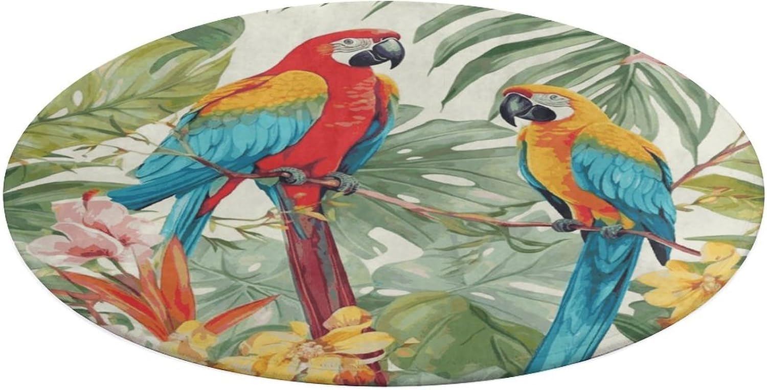 Tropical Plants and Parrots Coral Velvet Round Floor Mat Non-Slip Bath Rug Floor Covering for Bathroom Vanity Guest Suite & Vacation Home