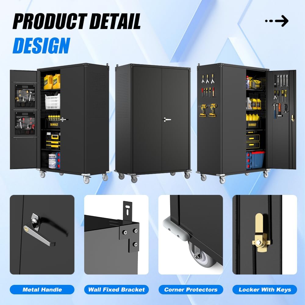 Yeeoy Wide & Deep Metal Garage Storage Cabinet with Pegboard & Adjustable Shelves, Lockable Storage Cabinet with Wheels, Tool Organization Cabinets for Office Garage Shop, 43''W x 22''D x 72''H, Black