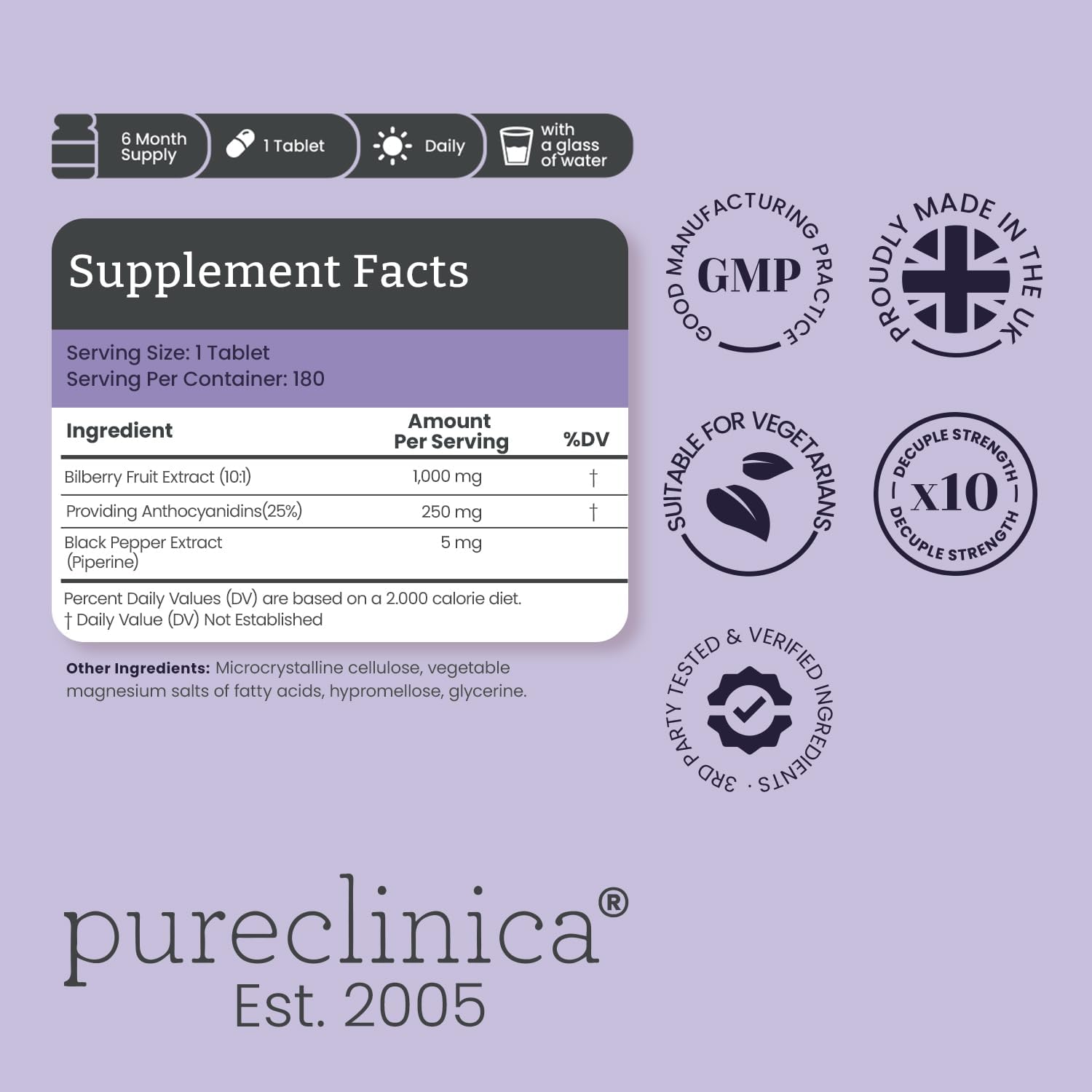 pureclinica Bilberry Extract 1000mg (10:1) per Tablet – High Strength Concentrated Formula – 720 Tablets (4 Bottles) – 2 Year Supply