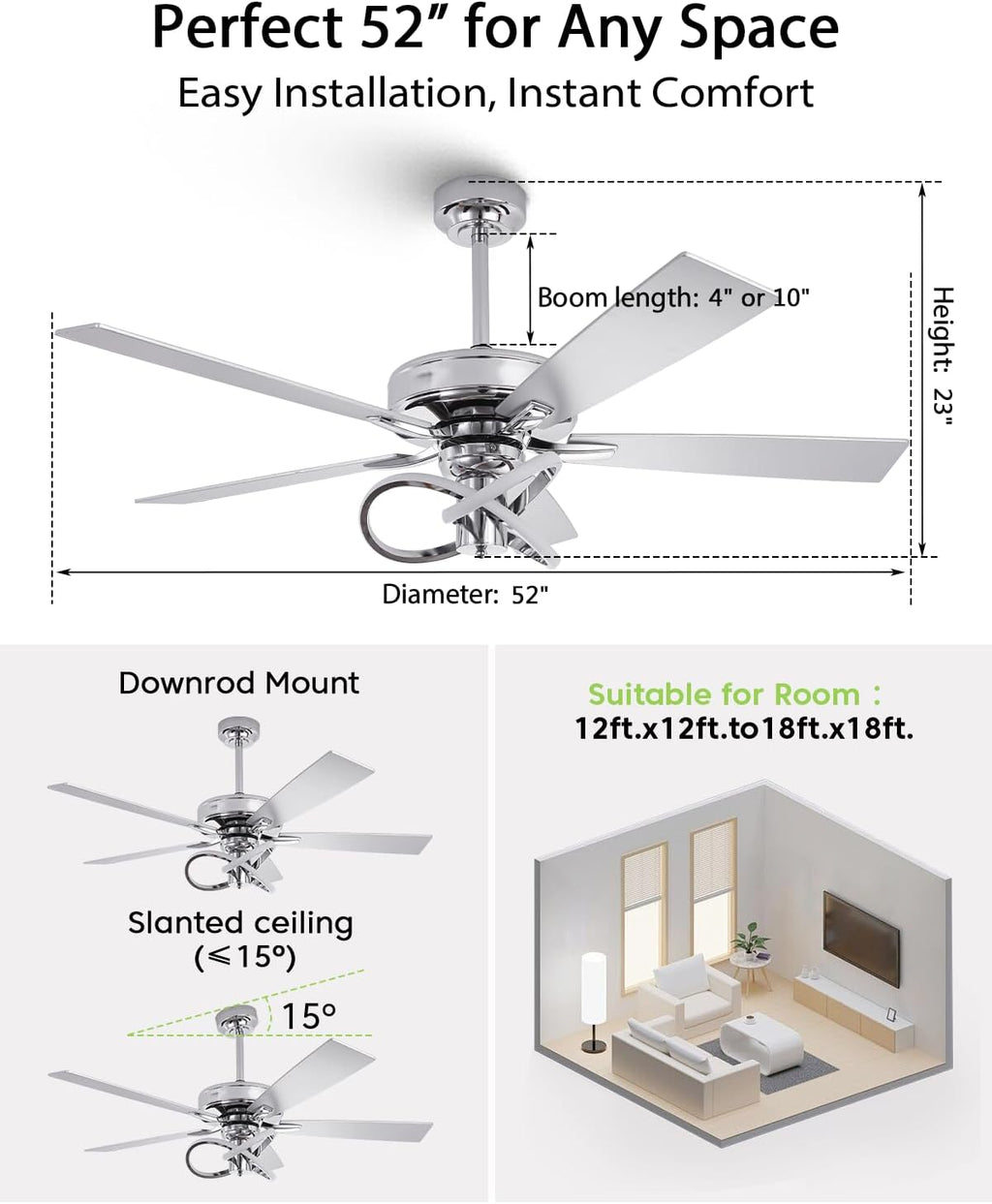 52 Inch Ceiling Fans with Lights, Creative Modern Silver Ceiling Fan and Remote, 3CCT, 6 Speeds, Quiet, Dual-Sided Reversible 5 Blades Indoor Outdoor Chandelier Fan for Bedroom Living Room