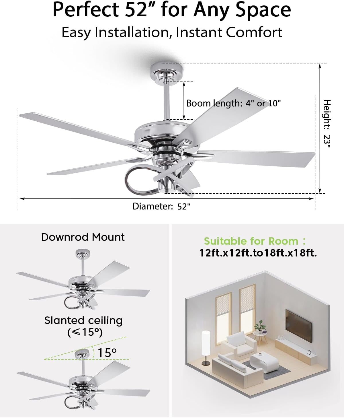 52 Inch Ceiling Fans with Lights, Creative Modern Silver Ceiling Fan and Remote, 3CCT, 6 Speeds, Quiet, Dual-Sided Reversible 5 Blades Indoor Outdoor Chandelier Fan for Bedroom Living Room