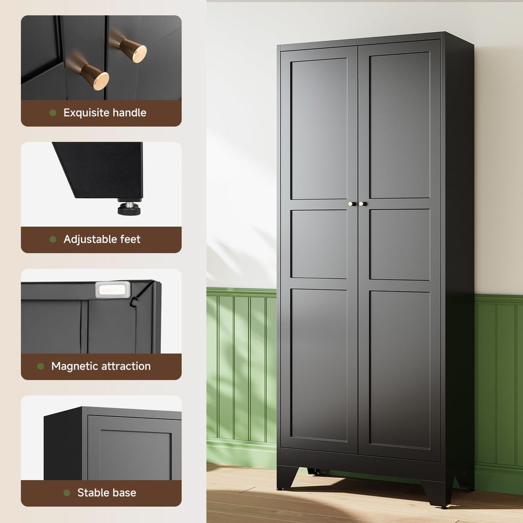 Letaya 75' H Metal Storage Cabinet with 2 Doors and 4 Shelves,Tall Kitchen Pantry Cabinets,Farmhouse Utility Pantry Organizers for Cupboard/Dining/Bathroom/Home Office/Garage Room,Black