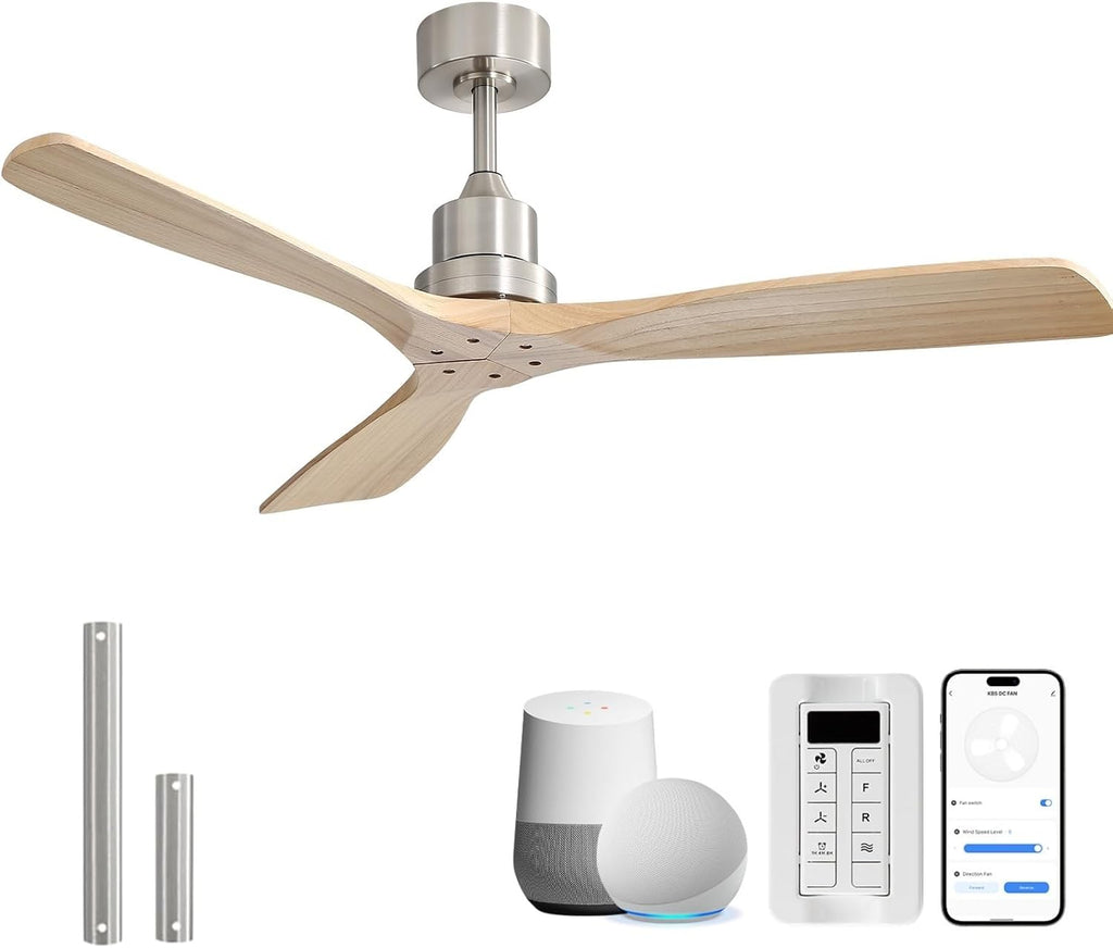 Sofucor 52 Inch Smart Ceiling Fans without Light-Modern Solid Wood Outdoor Ceiling Fan No Light APP Remotel Control for Bedroom Living Room Indoor Farmhouse Patio,DC Motor,Brushed Nickel&Natural Wood