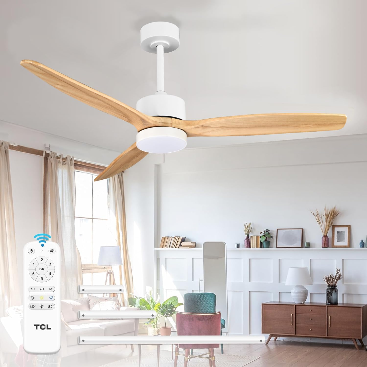 TCL Ceiling Fans with Light and Remote: 52 inch 3 Wooden Blades 3 Dimmable LED Fan for Room Indoor Modern Farmhouse Decor - 6 Speed Memory DC Reversible Fan Lights (Natural Wood, 52 Inch)