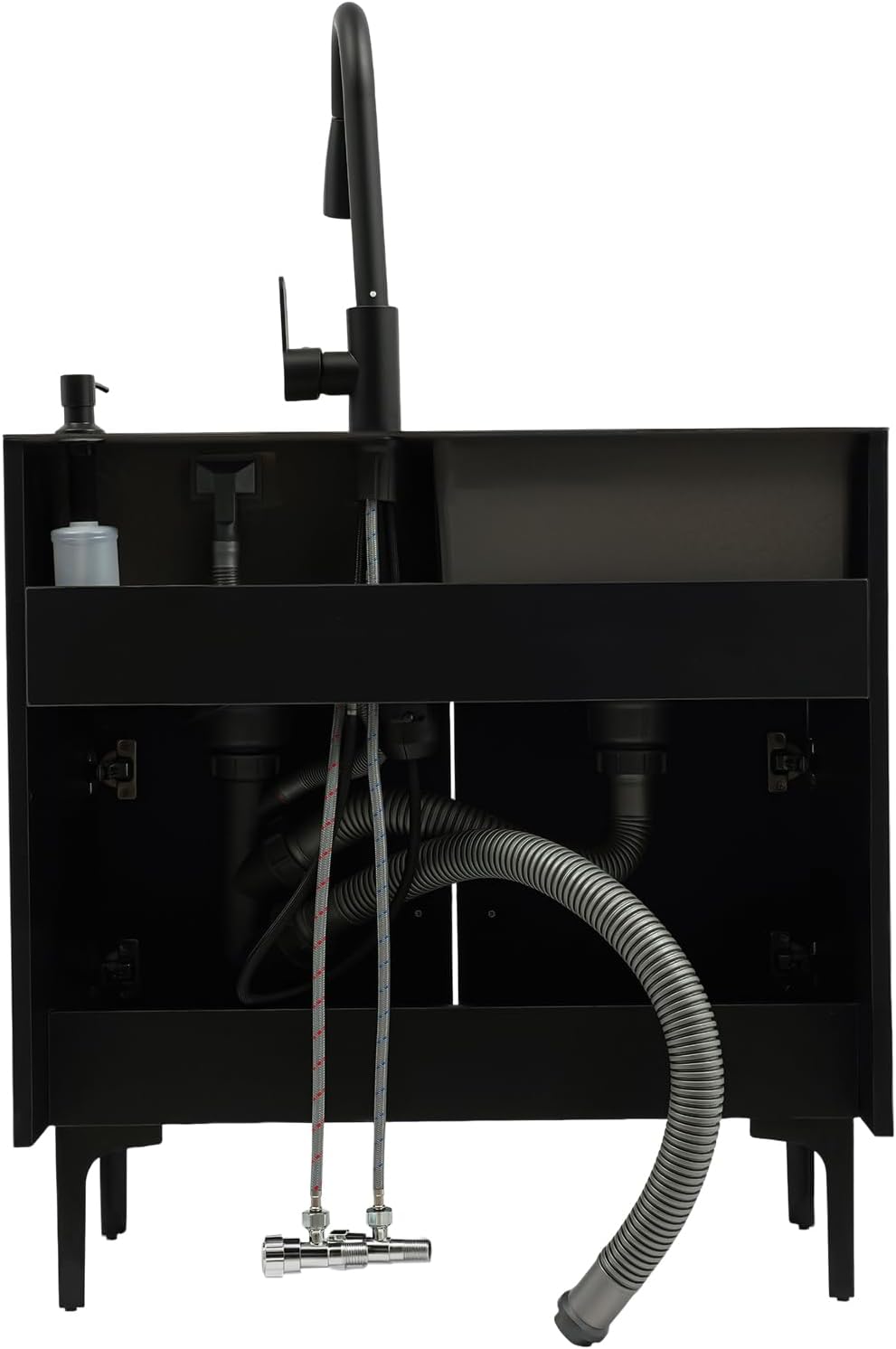All-in-One Utility Sink & Cabinet, Kitchen Sink and Cabinet Combo Stainless Steel Utility Sink, Black Bathroom Vanity w/Pull-out Faucet & Draining basket for Laundry Utility Room Kitchen Bathroom