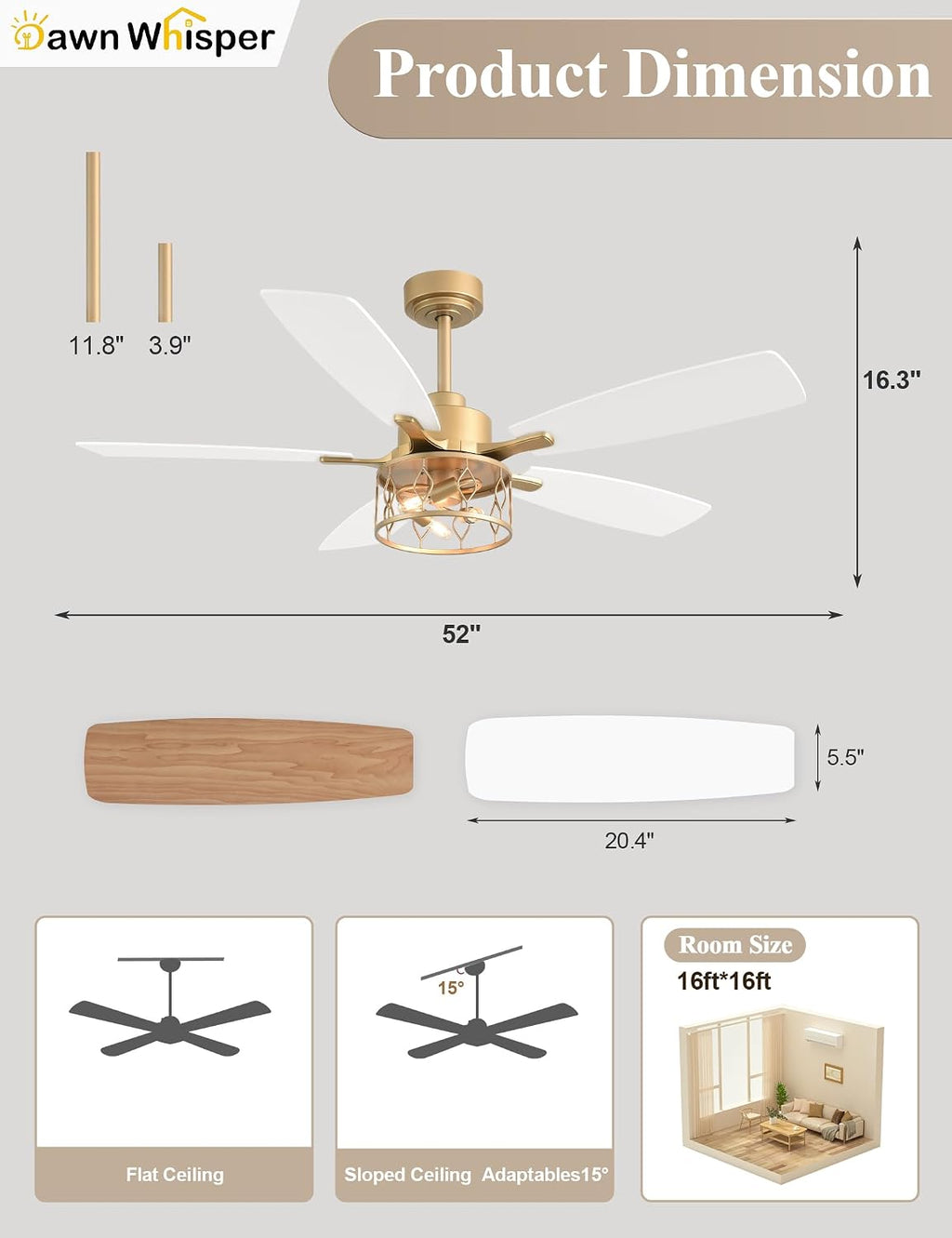 Dawn Whisper 52 Inch Modern Farmhouse Ceiling Fans with Lights White and Gold Industrial Rustic Caged Ceiling Fan for Bedroom Living Room Quiet and Reversible DC Motor