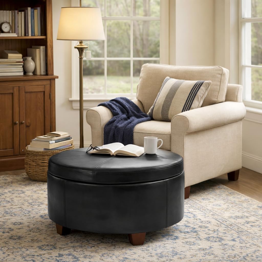 HomePop 32' Large Tufted Round Storage Ottoman - Black Faux Leather