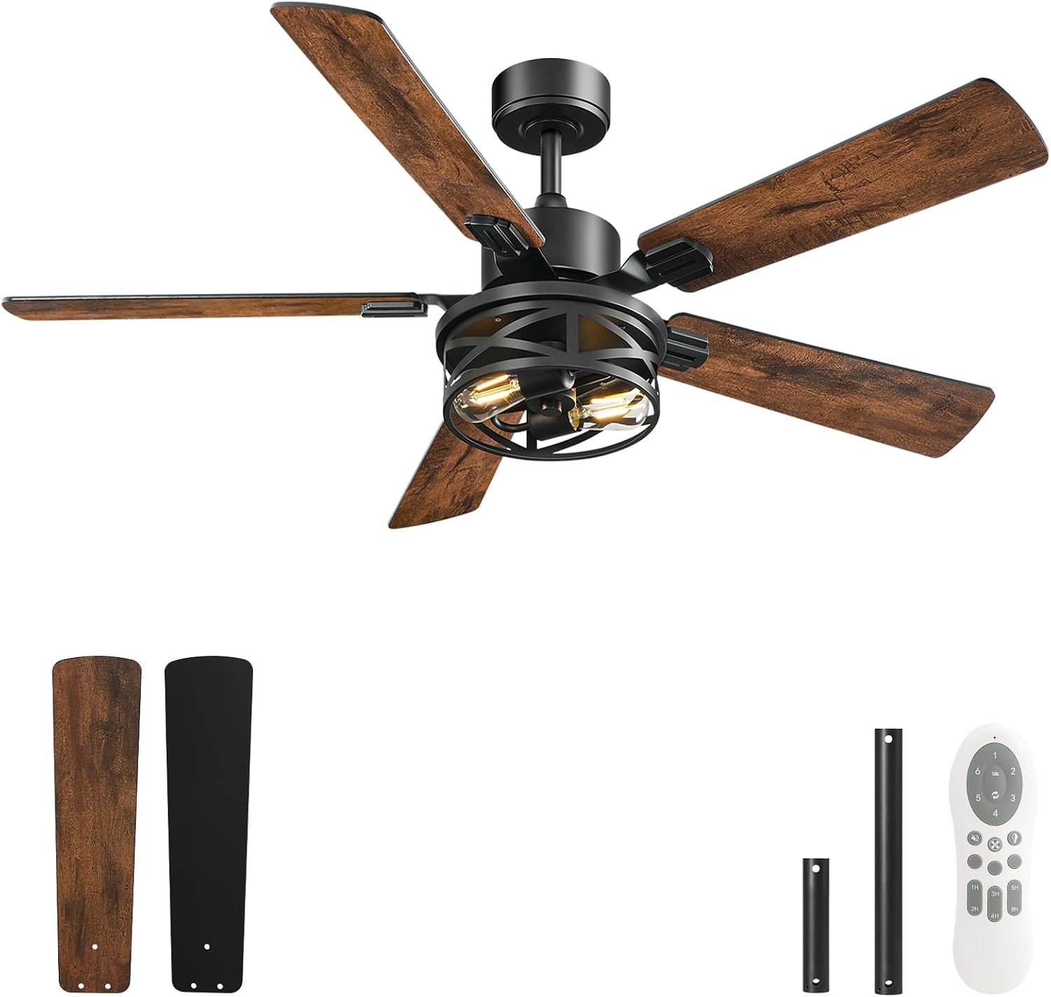 52 Inch Farmhouse Ceiling Fan with Lights and Remote, Timer, Dual Finish 5 Blades (Walnut and Black), 6 Speeds, Reversible DC Motor, Rustic & Industrial Caged Ceiling Fan for Bedroom ZB01CF05