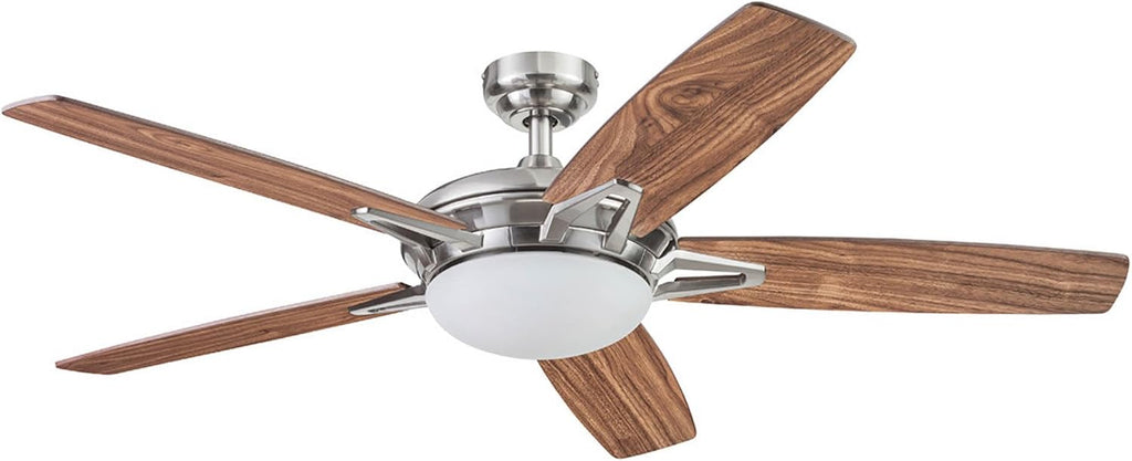 Prominence Home Clancy, 52 Inch Contemporary LED Ceiling Fan with Integrated Dome Light, Remote Control, Dual Mount, 5 Reversible Dual-Finish Blades - 51482-01 (Brushed Nickel)
