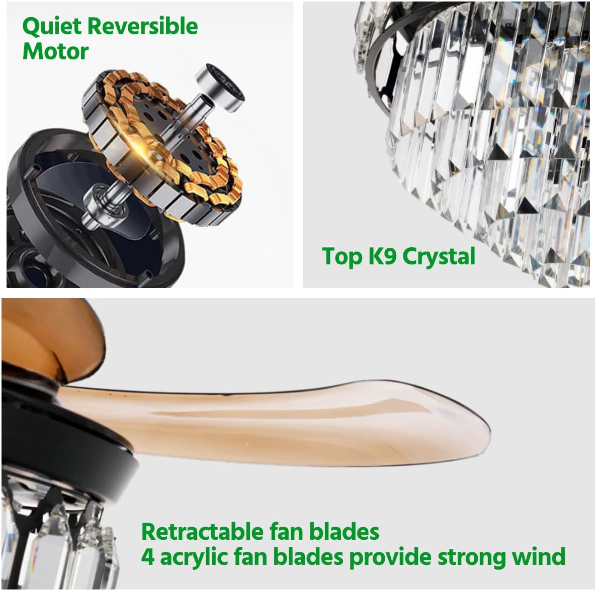 42 Inch Crystal Chandelier Ceiling Fan with Light Retractable Invisible Blade LED Lighting with Remote Control 6 Speed 3 Lighting Change Black Fandelier with Memory Function Black