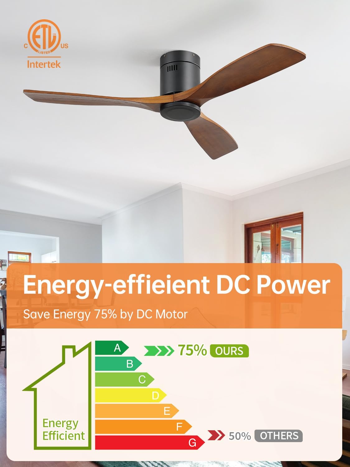 Sofucor Ceiling Fan no Lights, 52 Inch Low Profile Flush Mount Wood Ceiling Fan with Remote for Indoor Farmhouse Bedroom Living Room Outdoor Patio Porch, 3 Blades, Reversible DC Motor, Noiseless
