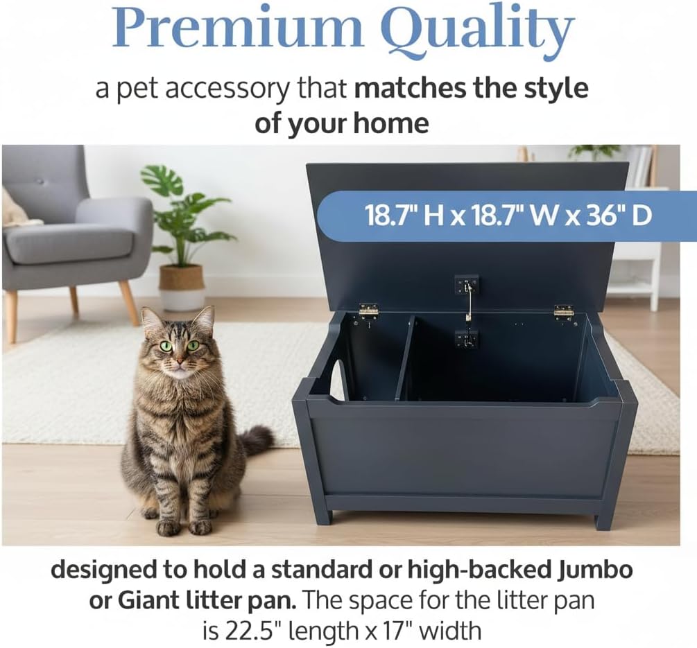 Parker Designer Catbox Modern Wood Cat Litter Box Enclosure Pet Furniture, Elegant, Odor Contained for Large Cats, Charcoal