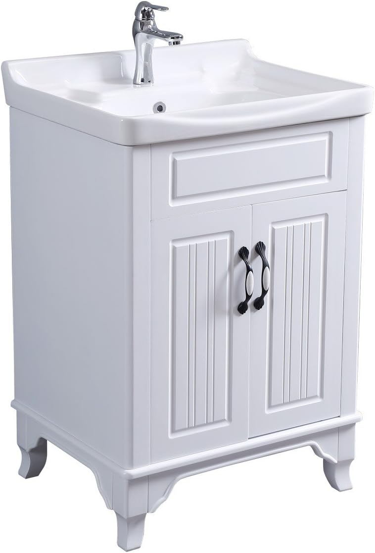 Renovators Supply Manufacturing Adeline White Wooden Cabinet Vanity Sink 24.25' W Large Free Standing Bathroom Sink Combo with Cabinet, Basin Sink, Overflow, Drain, Backsplash and Hardware