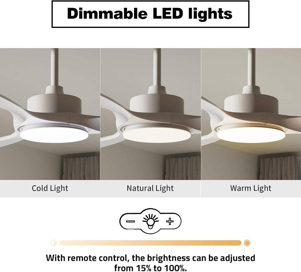 52 Inch Ceiling Fans with Lights Remote Control,White Sloped Mount Ceiling Fan 22W Dimmable LED Light,3 Reversible Blades,DC Motor 6 Speed Ceiling Fan for Bedroom Living Room Home Office