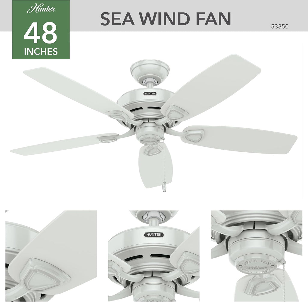 Hunter 48 inch Outdoor or Indoor Ceiling Fan No Light - White Ceiling Fan without Light, Standard Mount, For Patio, Porch, Garage, or Living Room, 5 Blades, Pull Chain - Sea Wind 53350, White
