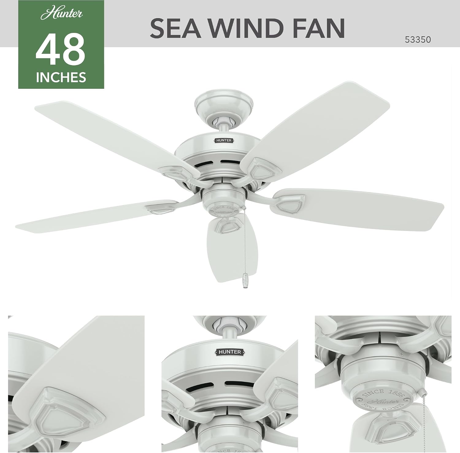 Hunter 48 inch Outdoor or Indoor Ceiling Fan No Light - White Ceiling Fan without Light, Standard Mount, For Patio, Porch, Garage, or Living Room, 5 Blades, Pull Chain - Sea Wind 53350, White