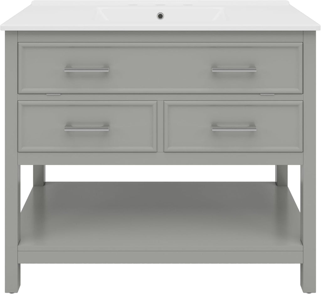 Bathroom Vanity 36 Inch with Ceramic Sink, Flip Top Tray, Wooden Bathroom Sink Cabinet with 2 Drawers and Open Shelf, Freestanding Vanity for Guest Baths Master Suites, Rental Units (Gray)