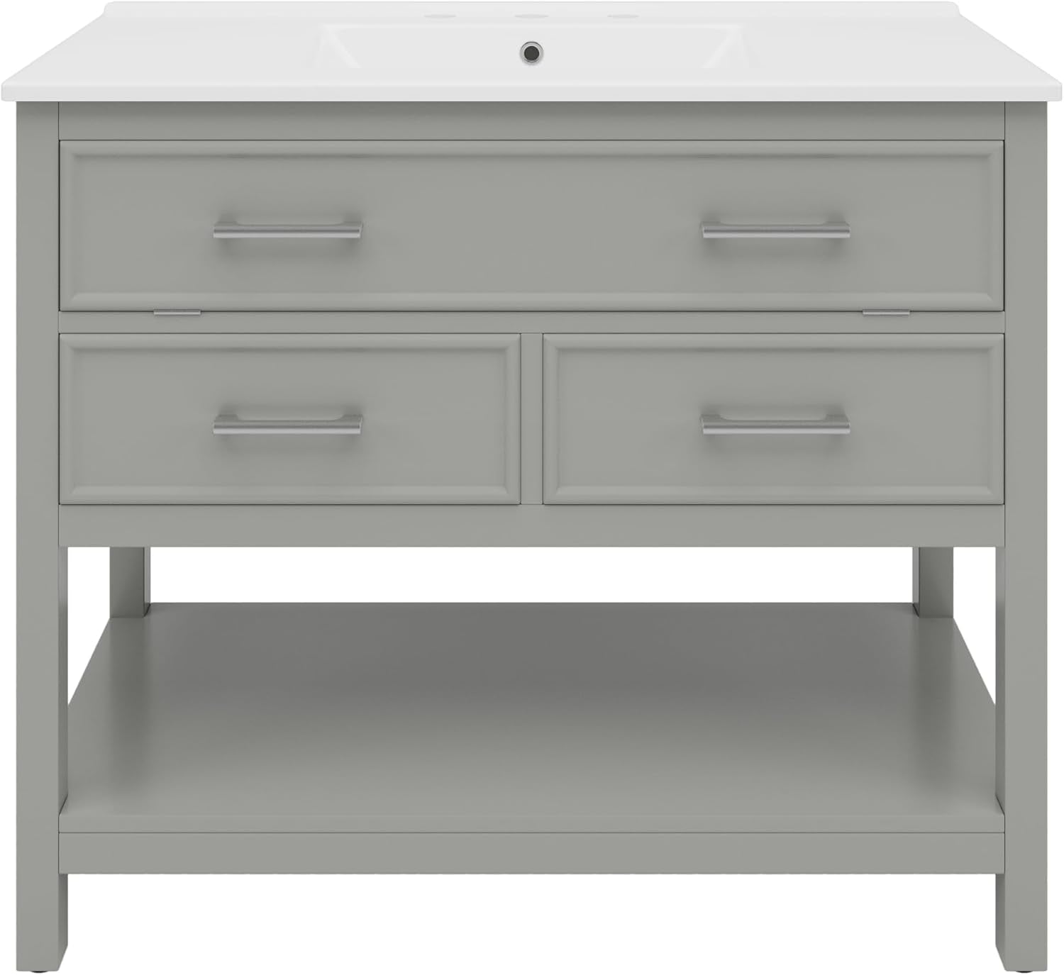 Bathroom Vanity 36 Inch with Ceramic Sink, Flip Top Tray, Wooden Bathroom Sink Cabinet with 2 Drawers and Open Shelf, Freestanding Vanity for Guest Baths Master Suites, Rental Units (Gray)